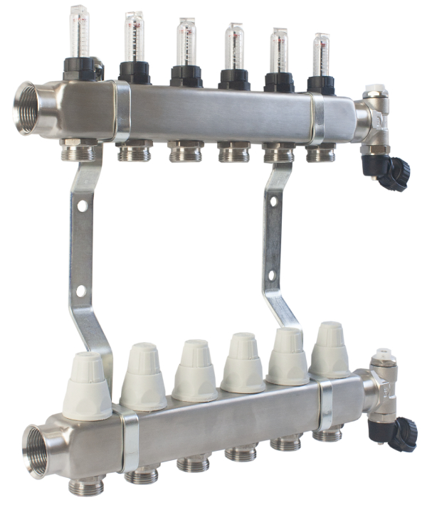Rozdzielacz INOX MAX z przepływomierzami, zaworami termostatycznymi, zaworami spustowymi i odpowietrznikami auto